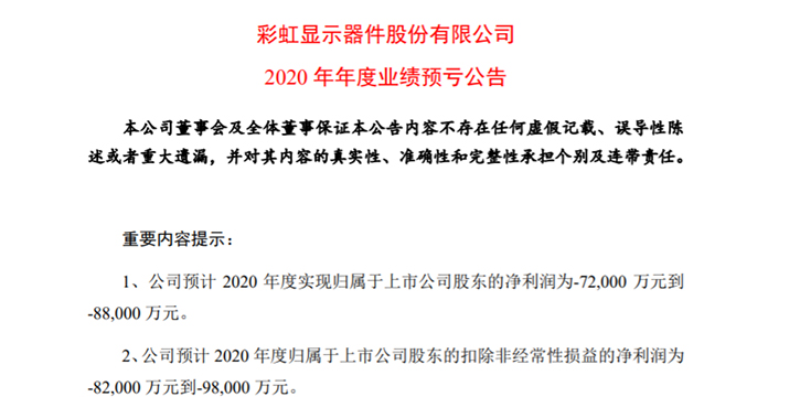 彩虹股份2020年净利预亏72亿元88亿元